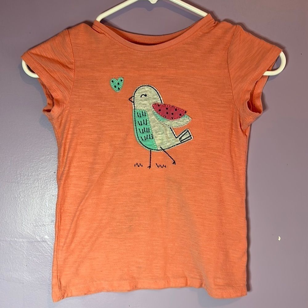 Jumping Beans Girl’s T-Shirt Orange Bird Appliqué Cap Sleeve Top Size 6 Cute